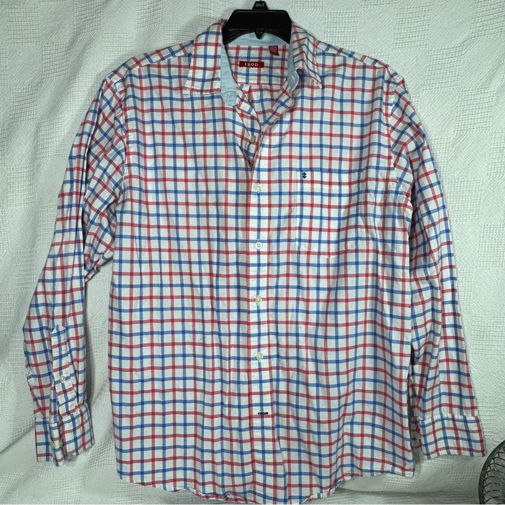 Izod Men’s Relaxed Button Up Shirt Newport Oxford Red & Blue‎ Checked Size Large